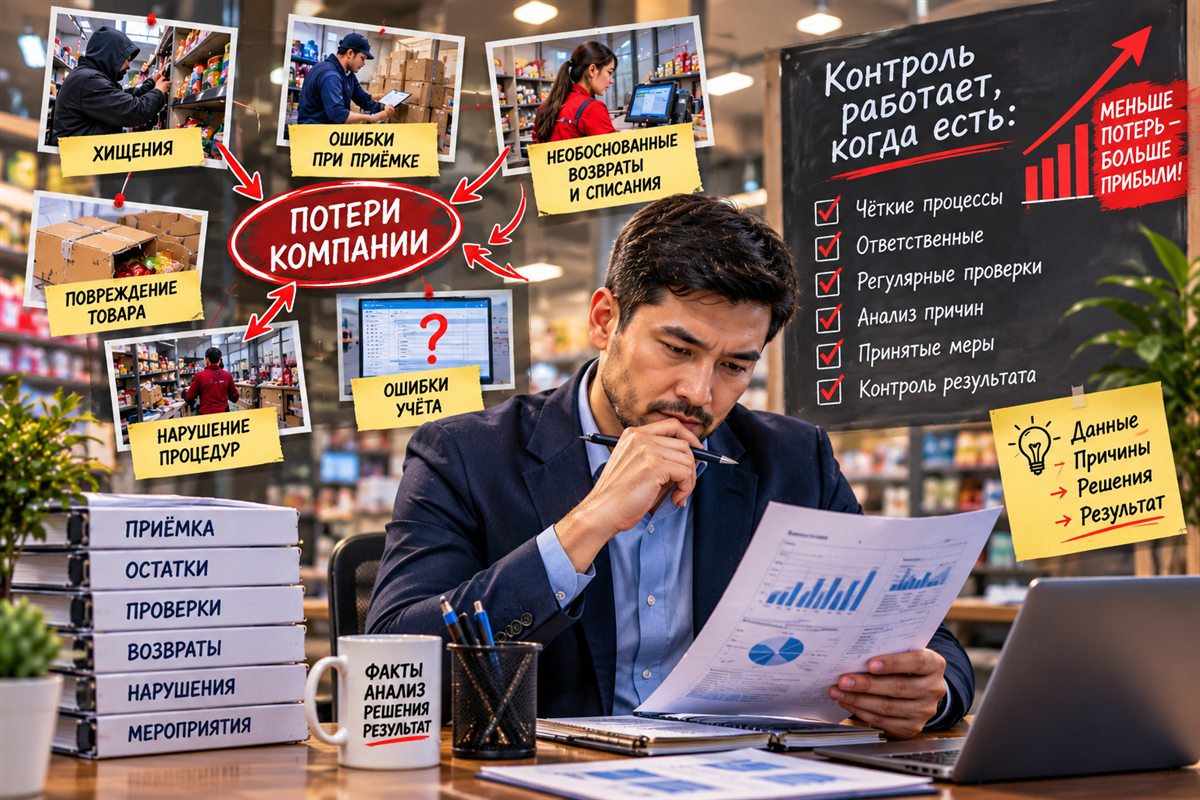Руководитель изучает отчёт о потерях: контроль работает, когда есть процессы, ответственные, проверки и анализ причин.
